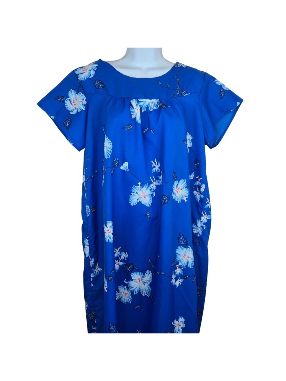 Vintage 80s Blue Floral Kalena Fashions Hawaii MuuMuu Maxi Dress Womens M